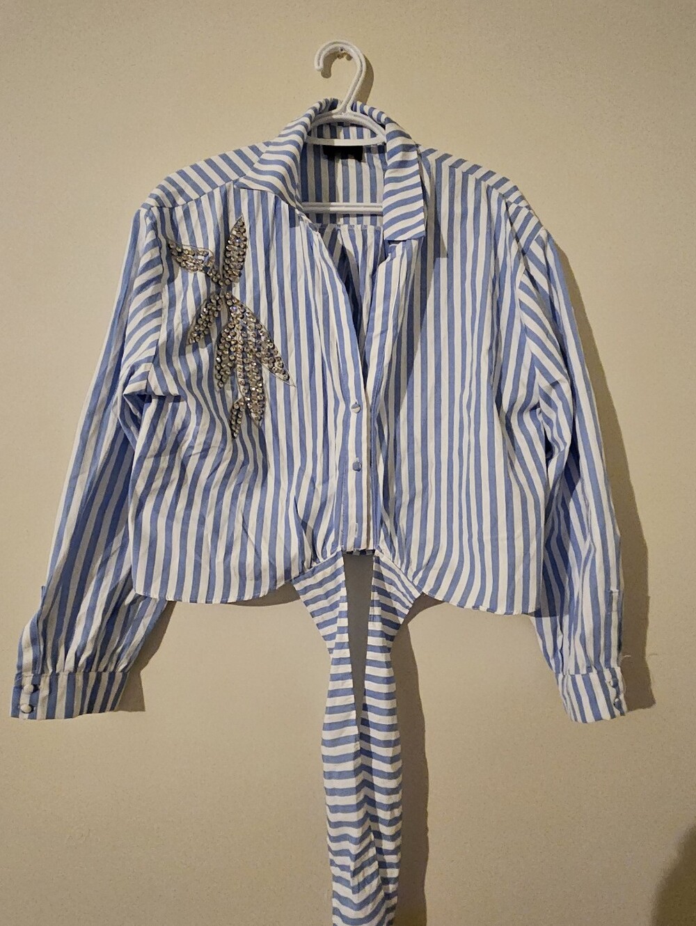 Blue & White Striped Tie-Front Rhinestone Top
